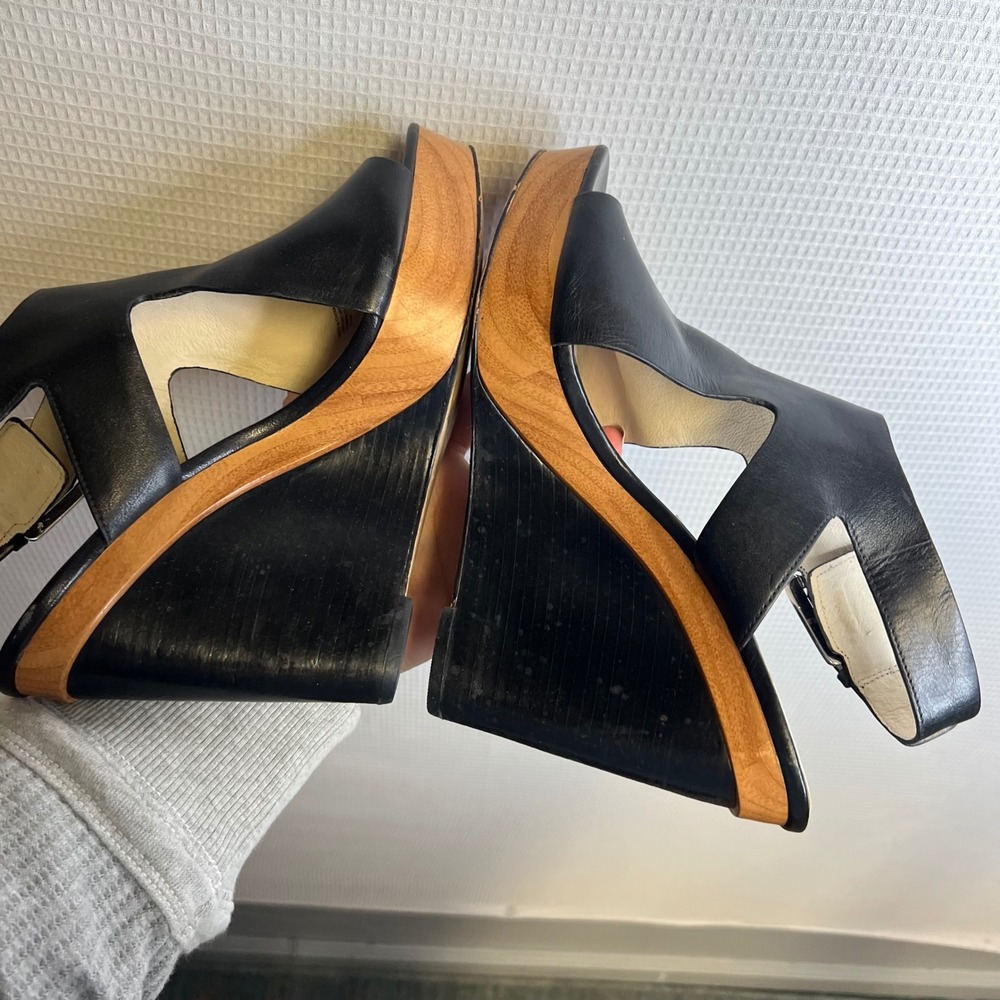 Michael Kors Black Leather Wooden Wedge Slingback Heels Women Size 9.5 - Picture 6 of 8